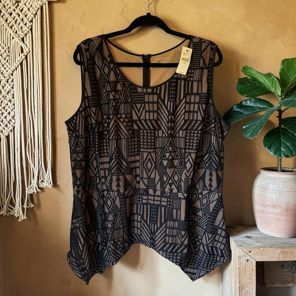 Lane Bryant 22/24 Black Tan Geometric Print Sleeveless Blouse Plus Size Top